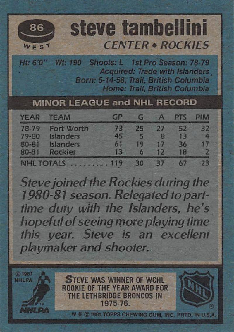 1981-82 Topps #W86 Steve Tambellini NM-MT Hockey NHL Rockies