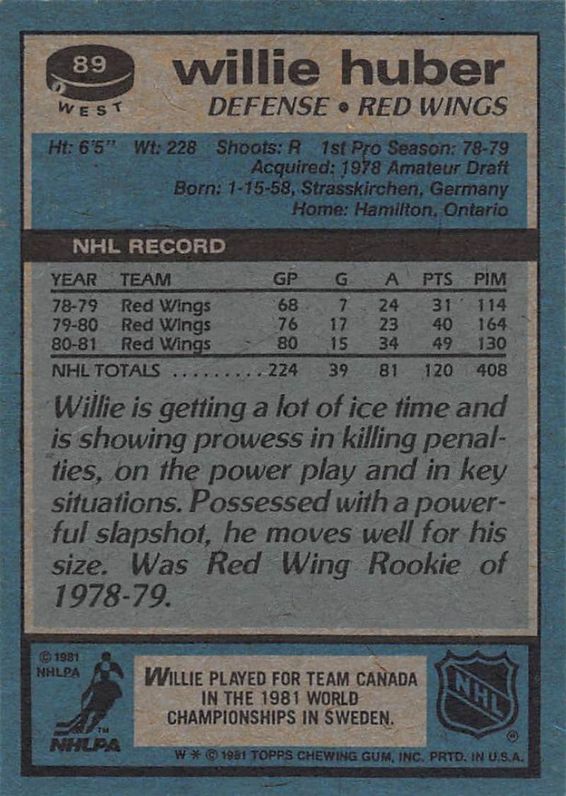 1981-82 Topps #W89 Willie Huber NM-MT Hockey NHL Red Wings