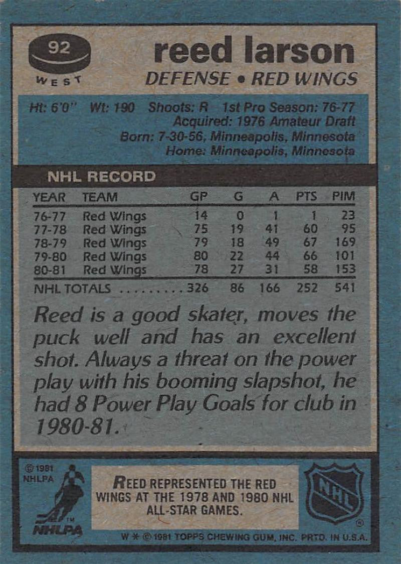 1981-82 Topps #W92 Reed Larson NM-MT Hockey NHL Red Wings