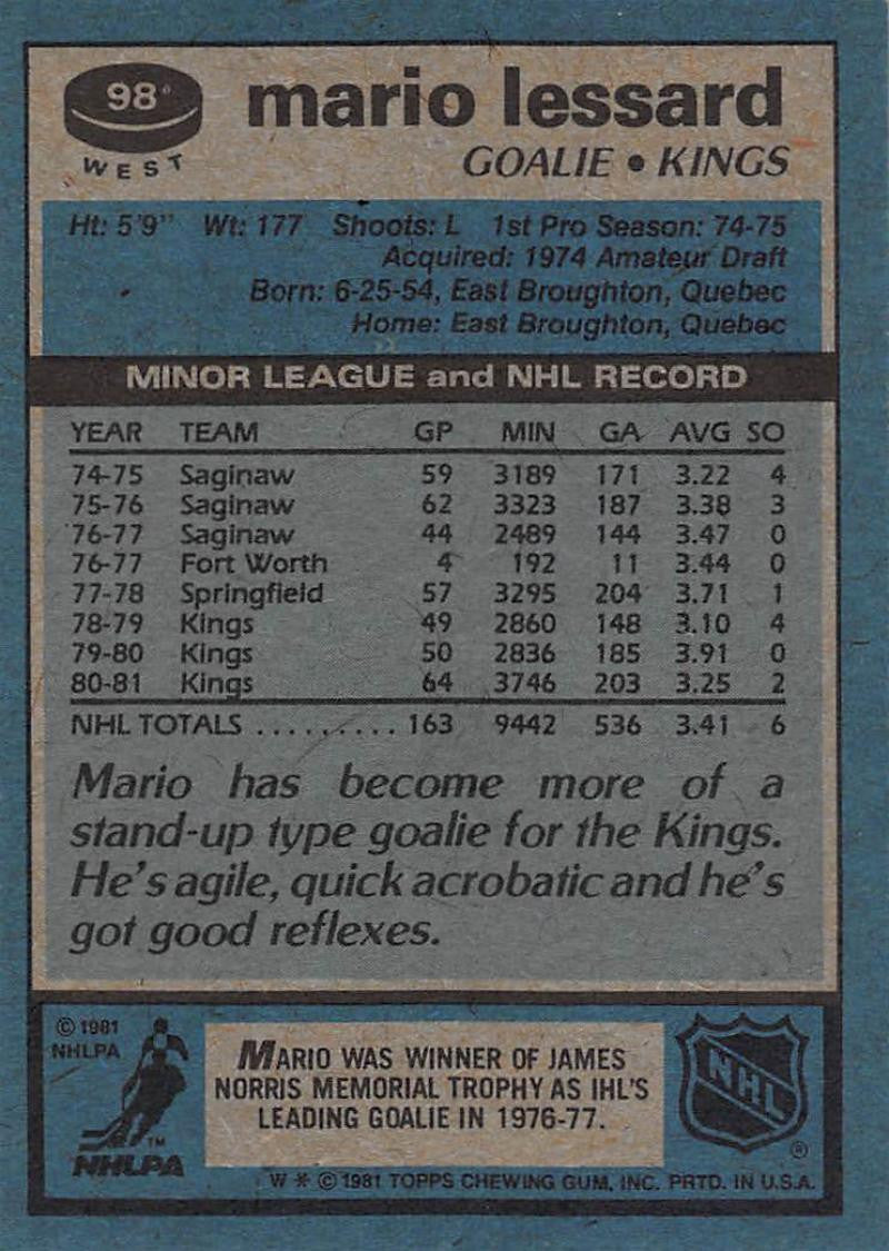 1981-82 Topps #W98 Mario Lessard NM-MT Hockey NHL Kings