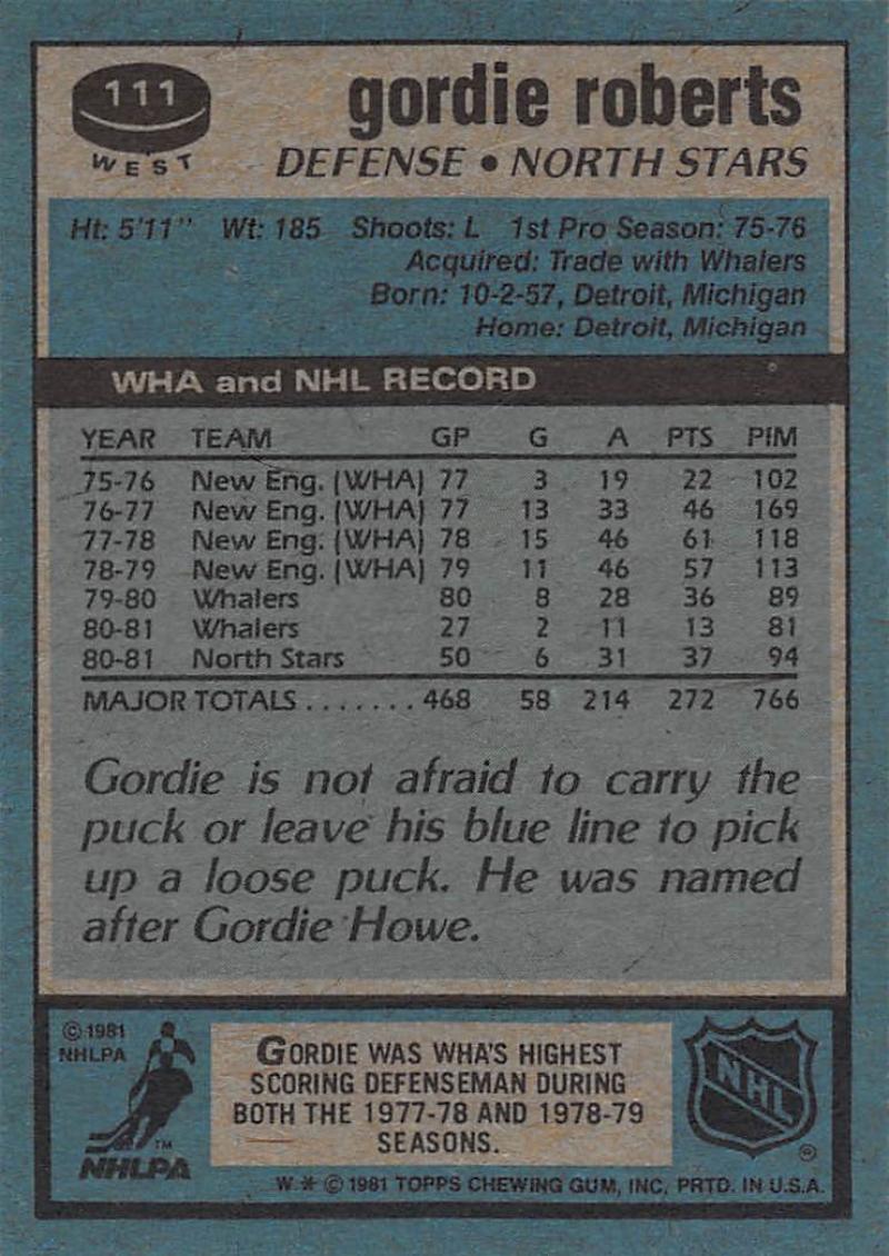 1981-82 Topps #W111 Gordie Roberts NM-MT Hockey NHL North Stars Image 2