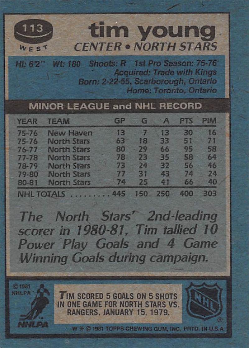 1981-82 Topps #W113 Tim Young NM-MT Hockey NHL North Stars Image 2