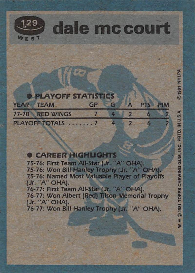 1981-82 Topps #W129 Dale McCourt NM-MT Hockey NHL Red Wings