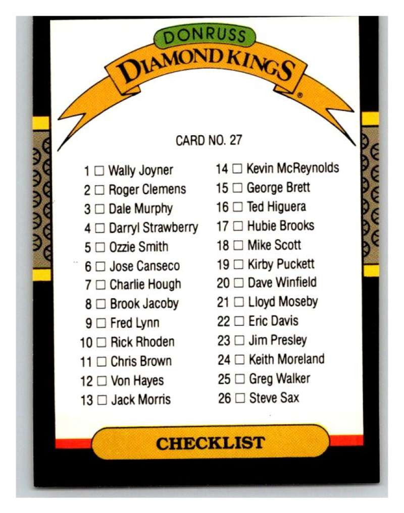 1987 Donruss #27 Diamond Kings Checklist 1-26 MLB Mint Baseball