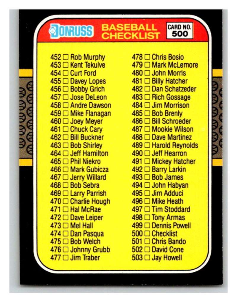 1987 Donruss #500 Checklist 452-557 MLB Mint Baseball Image 1