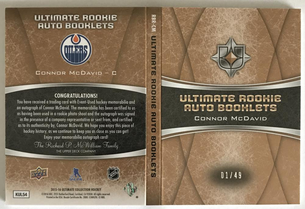 (HCW) 2015-16 UD Ultimate Collection Connor McDavid 1/49 Rookie Auto Booklet