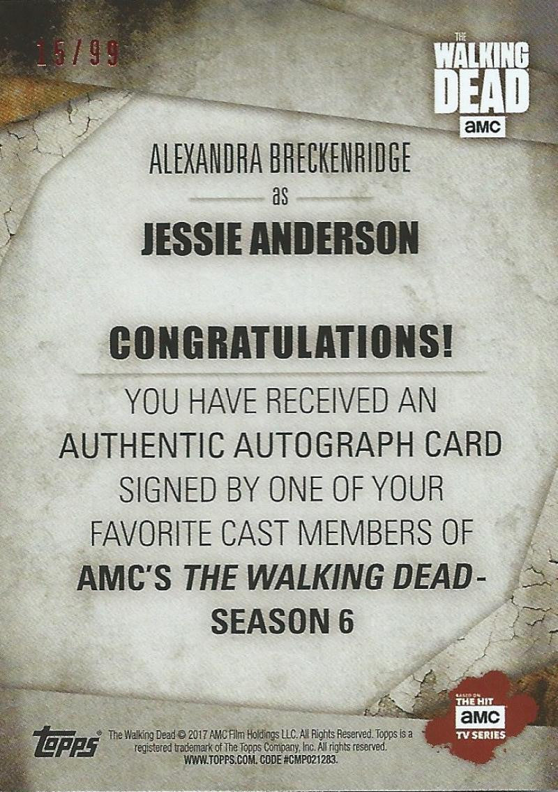 2017 Topps The Walking Dead Season 6 Alexandra Breckenridge Auto 15/99