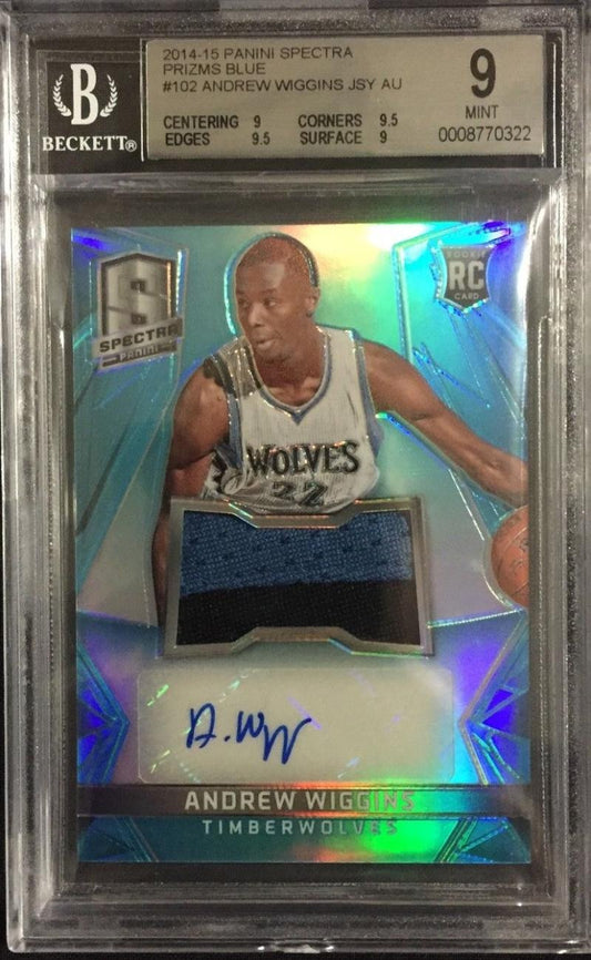 2014-15 Panini Spectra Blue ANDREW WIGGINS Auto Jersey 94/99 Rookie BGS 9