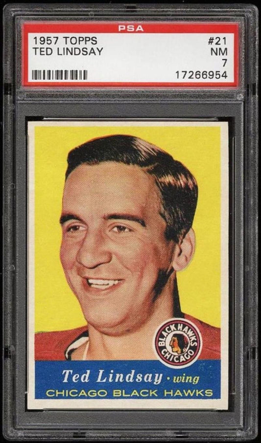 1957-58 Topps #21 TED LINDSAY PSA 7 NM - Vintage Blackhawks NHL