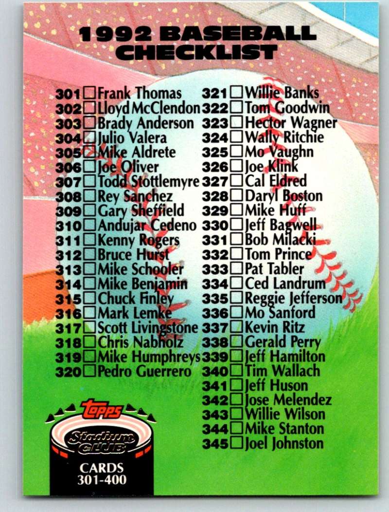 1992 Stadium Club #588 Checklist 301-400 Mint  Image 1