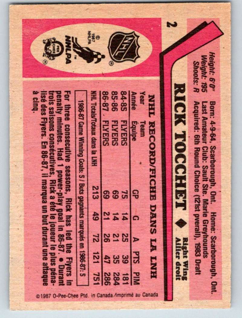 1987-88 O-Pee-Chee #2 Rick Tocchet RC Rookie Flyers Mint
