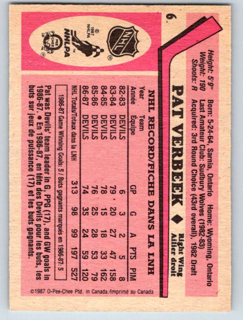 1987-88 O-Pee-Chee #6 Pat Verbeek NJ Devils Mint Image 2