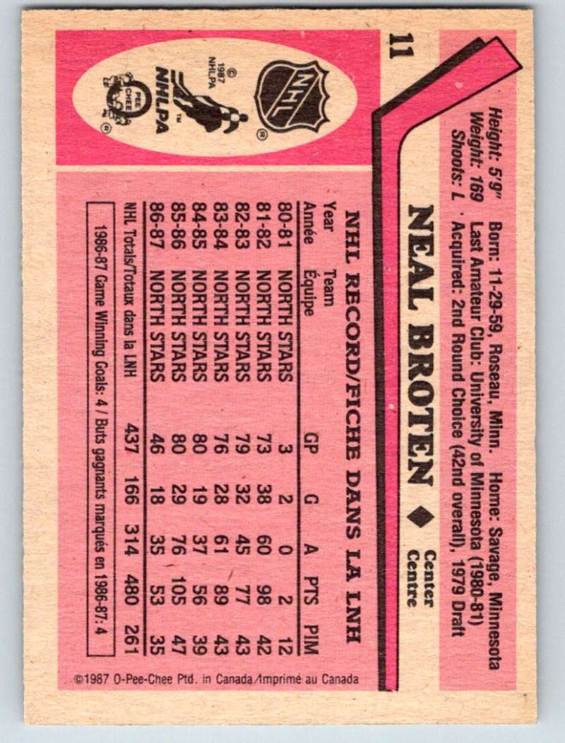 1987-88 O-Pee-Chee #11 Neal Broten North Stars Mint Image 2