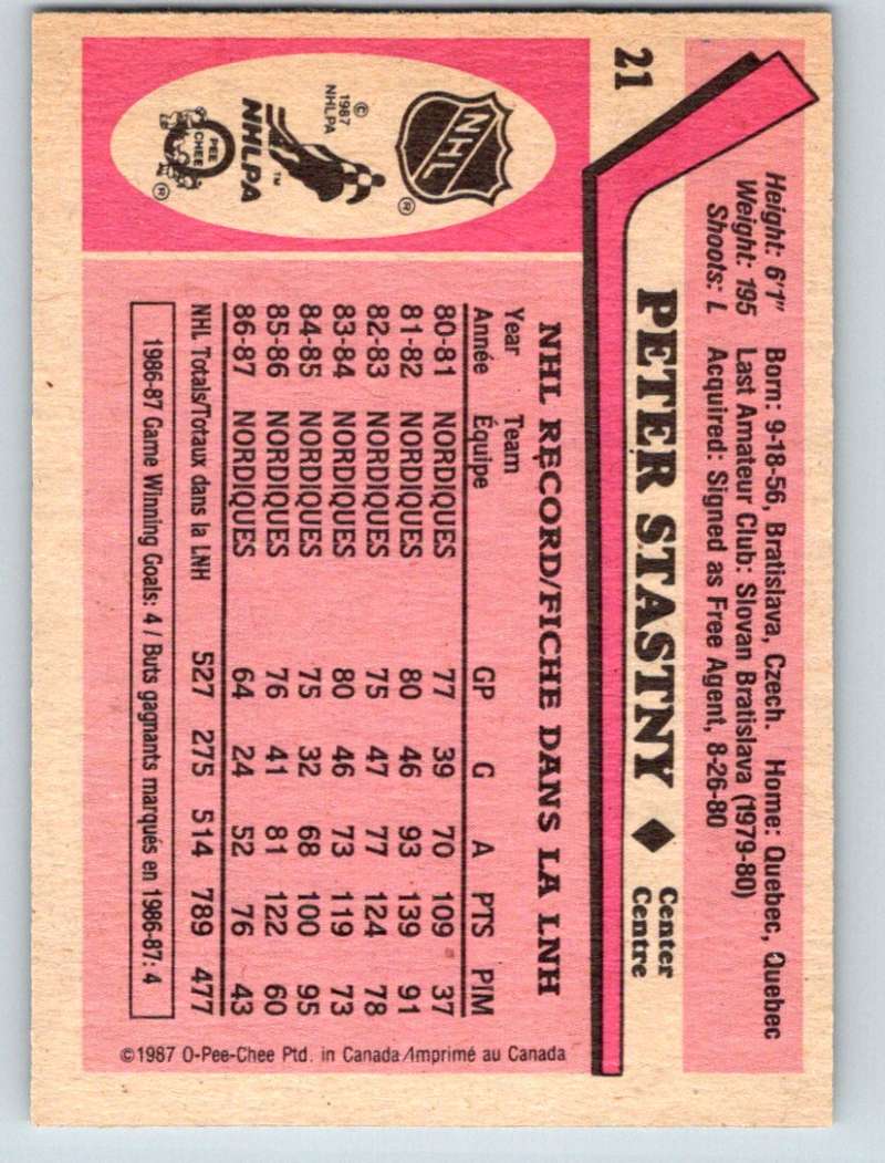 1987-88 O-Pee-Chee #21 Peter Stastny Nordiques Mint Image 2