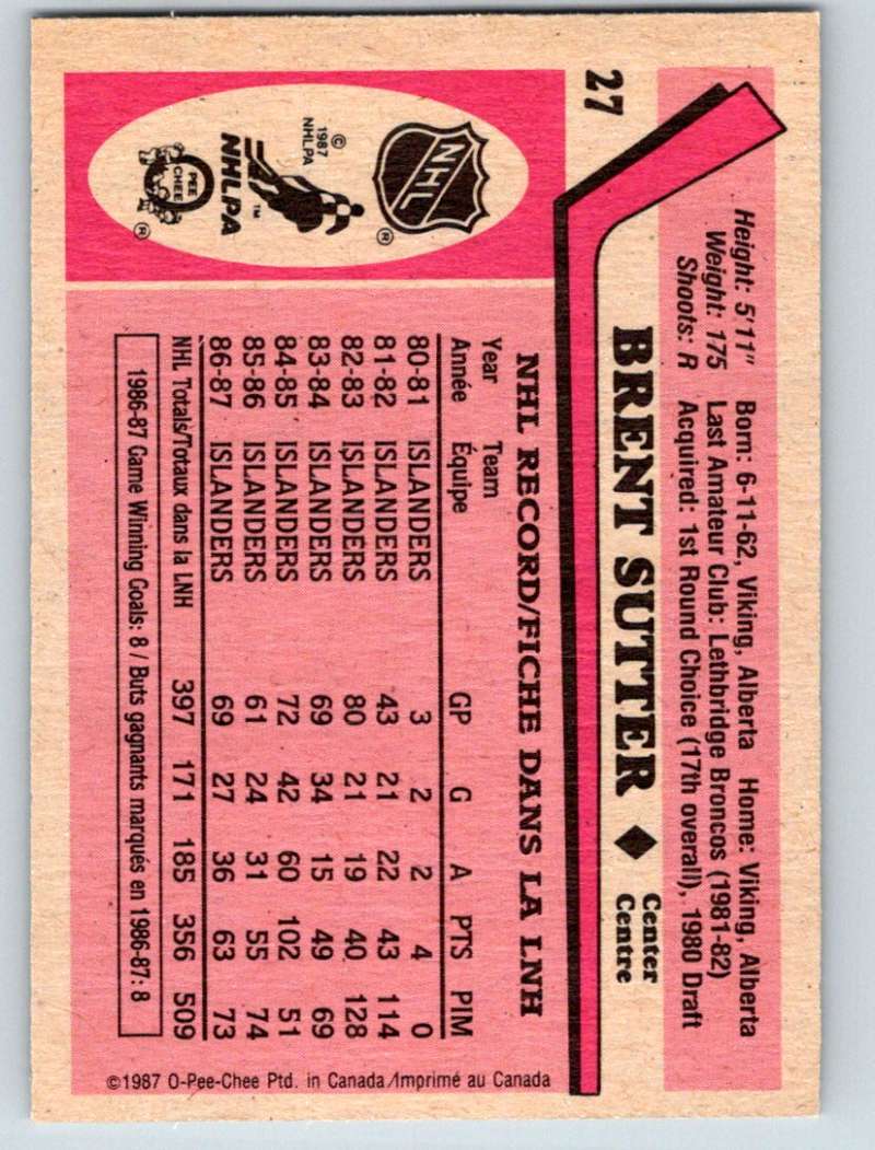 1987-88 O-Pee-Chee #27 Brent Sutter NY Islanders Mint Image 2