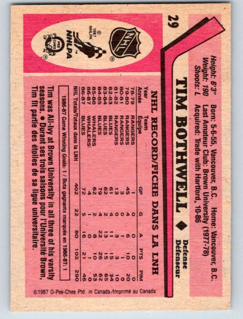 1987-88 O-Pee-Chee #29 Tim Bothwell Blues Mint Image 2
