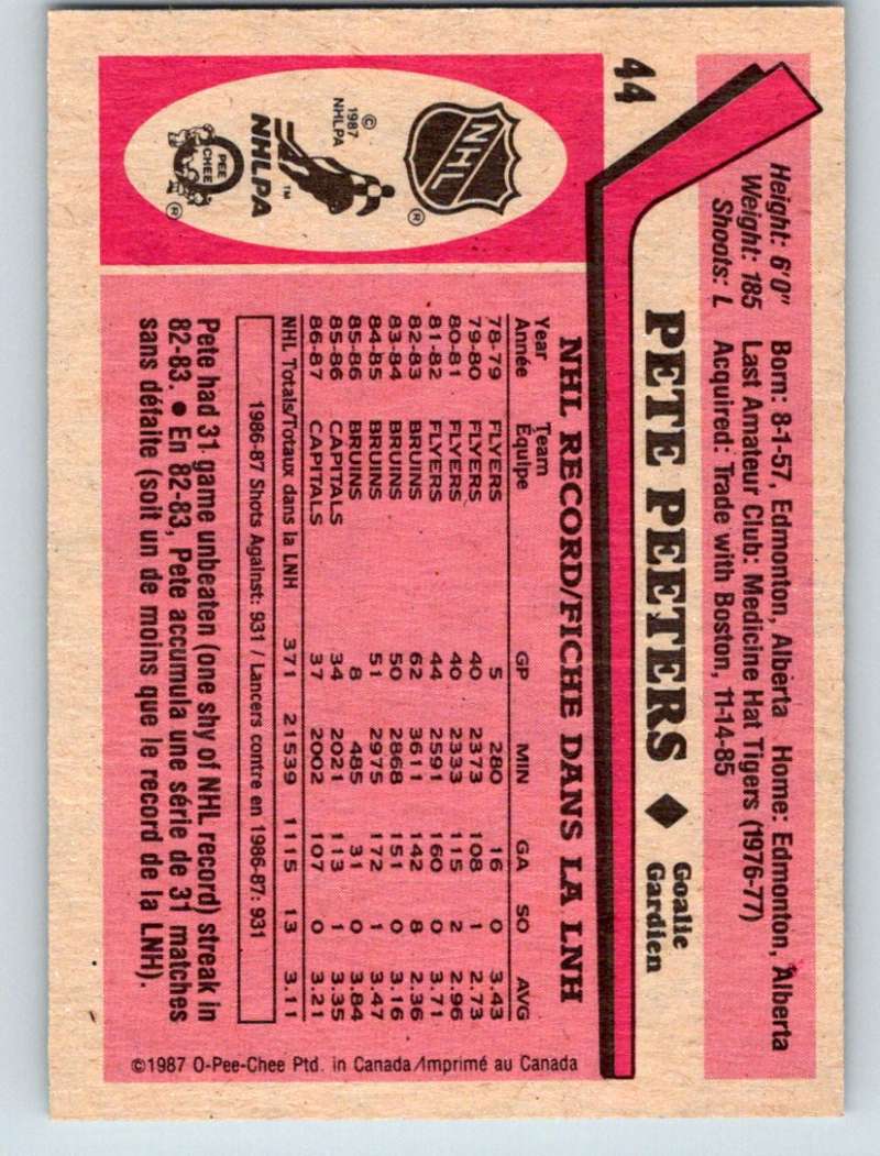 1987-88 O-Pee-Chee #44 Pete Peeters Capitals Mint Image 2