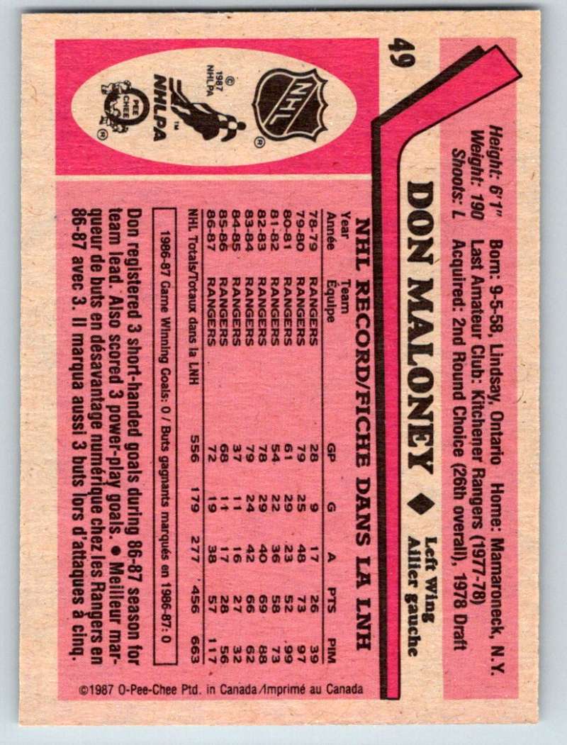1987-88 O-Pee-Chee #49 Don Maloney NY Rangers Mint Image 2