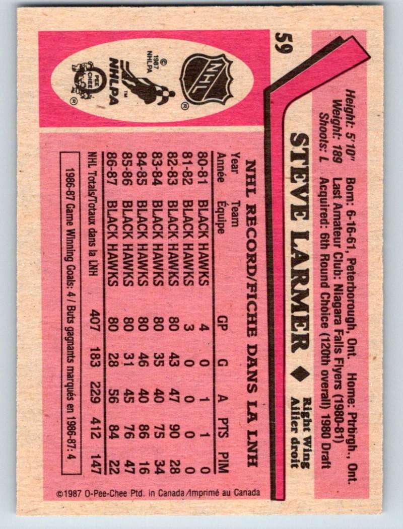 1987-88 O-Pee-Chee #59 Steve Larmer Blackhawks Mint Image 2