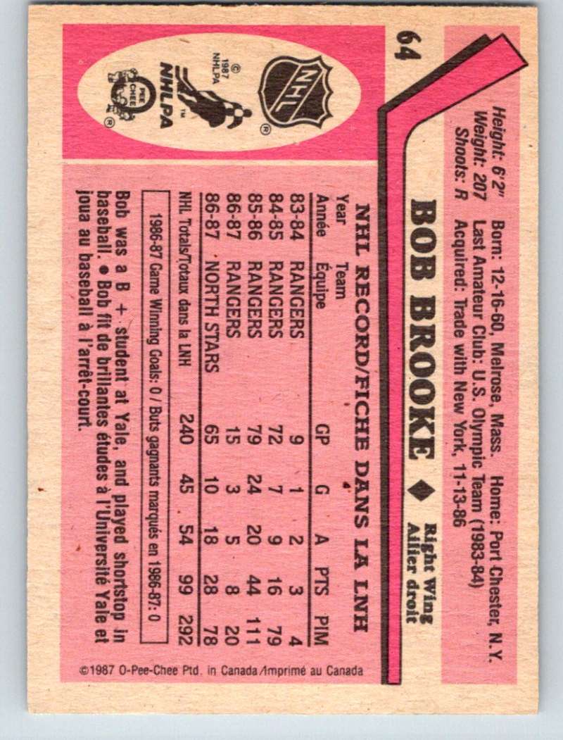 1987-88 O-Pee-Chee #64 Bob Brooke North Stars Mint Image 2