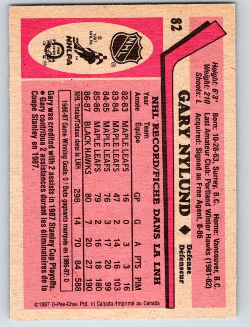 1987-88 O-Pee-Chee #82 Gary Nylund Blackhawks Mint Image 2