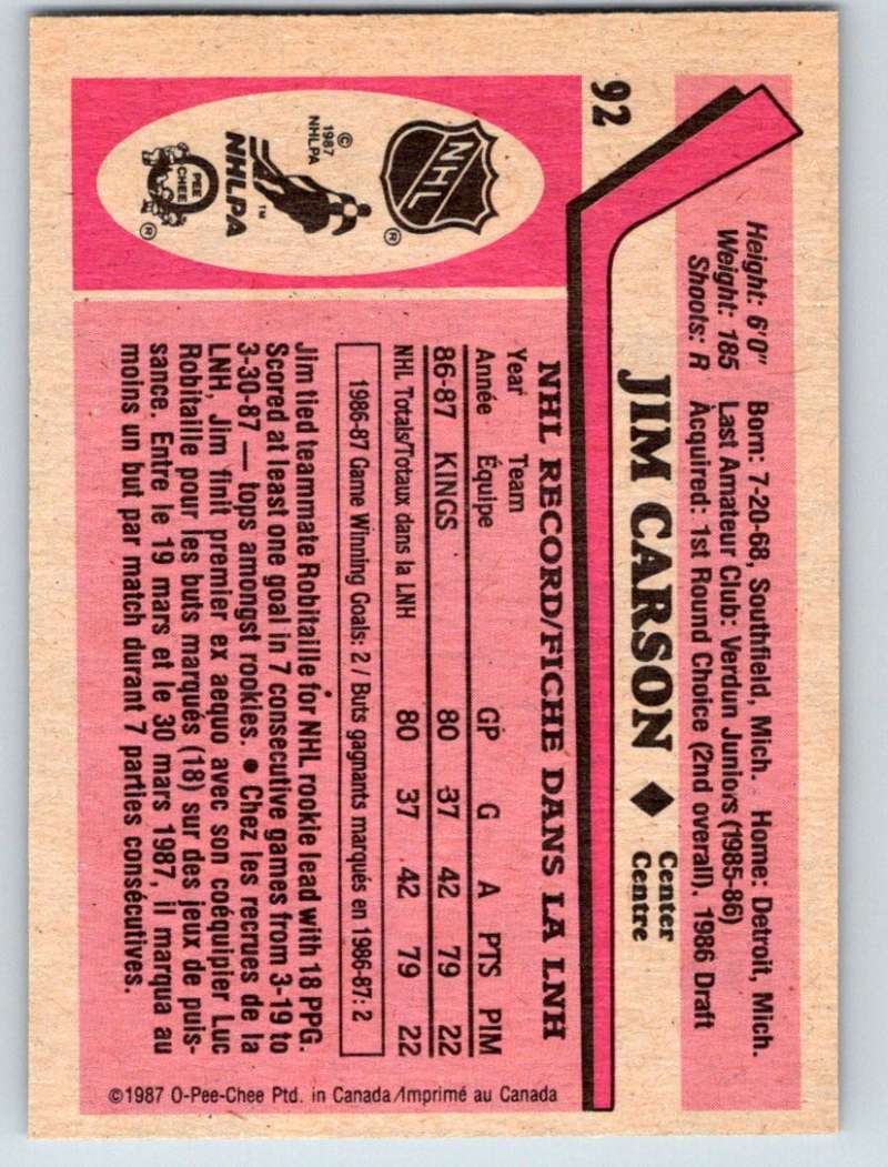 1987-88 O-Pee-Chee #92 Jimmy Carson RC Rookie Kings Mint