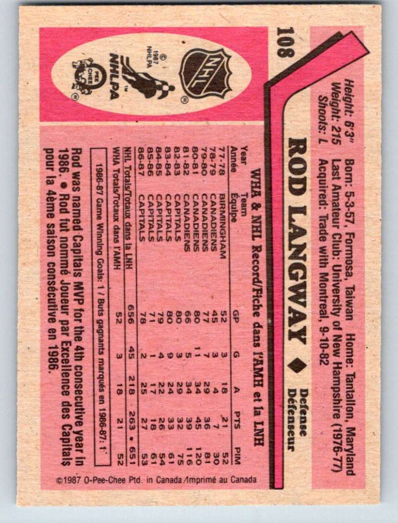 1987-88 O-Pee-Chee #108 Rod Langway Capitals Mint Image 2