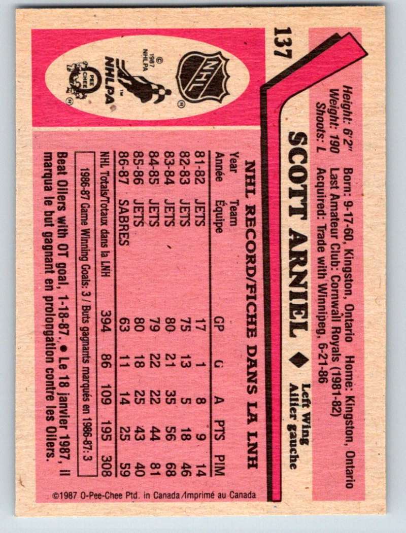 1987-88 O-Pee-Chee #137 Scott Arniel Sabres Mint Image 2