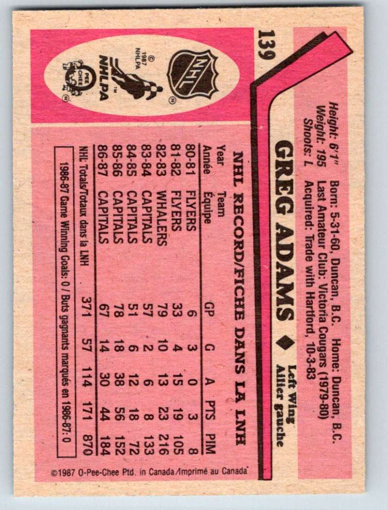 1987-88 O-Pee-Chee #139 Greg Adams Capitals Mint Image 2