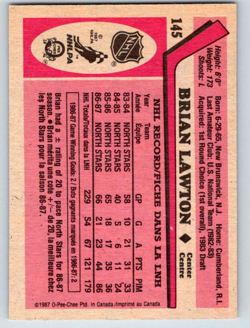 1987-88 O-Pee-Chee #145 Brian Lawton RC Rookie North Stars Mint