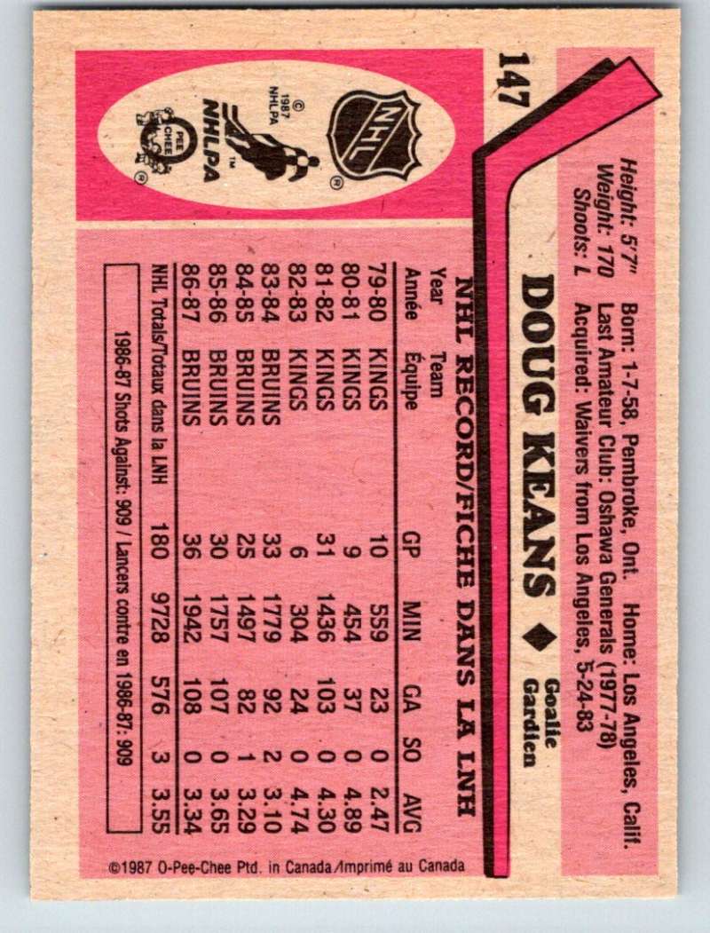 1987-88 O-Pee-Chee #147 Doug Keans Bruins Mint Image 2