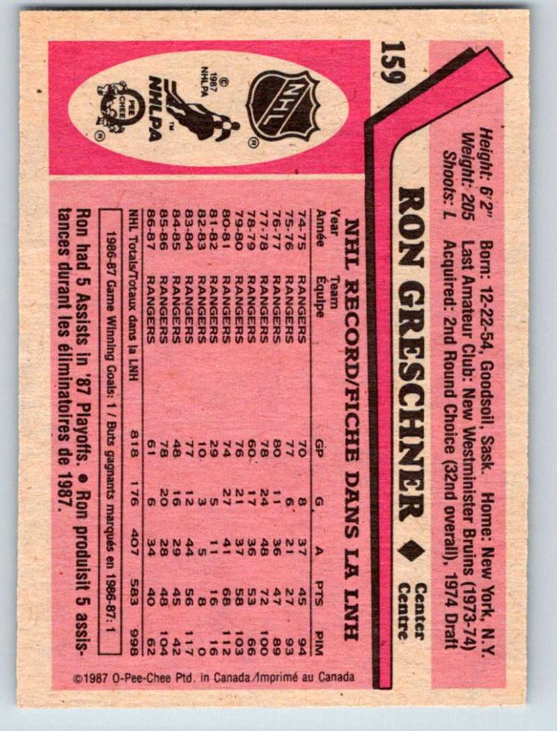 1987-88 O-Pee-Chee #159 Ron Greschner NY Rangers Mint Image 2