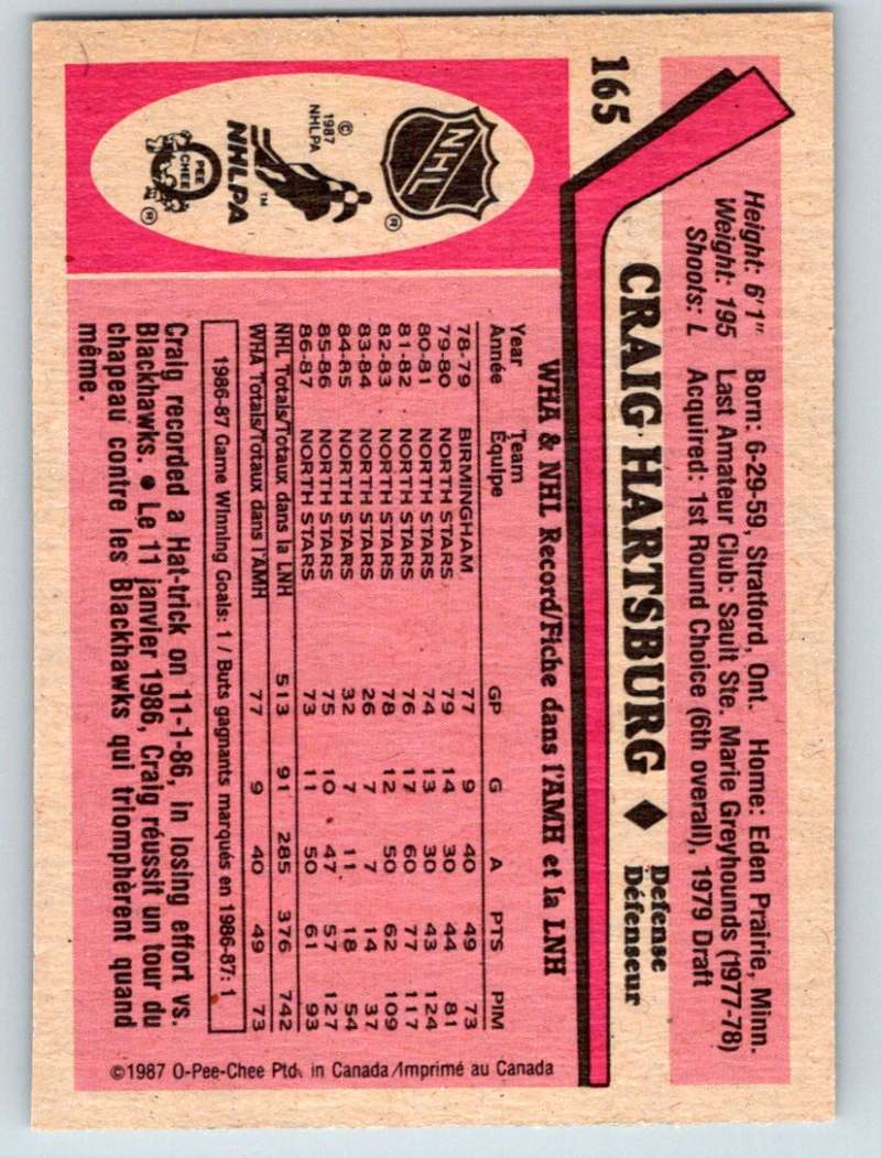 1987-88 O-Pee-Chee #165 Craig Hartsburg North Stars Mint