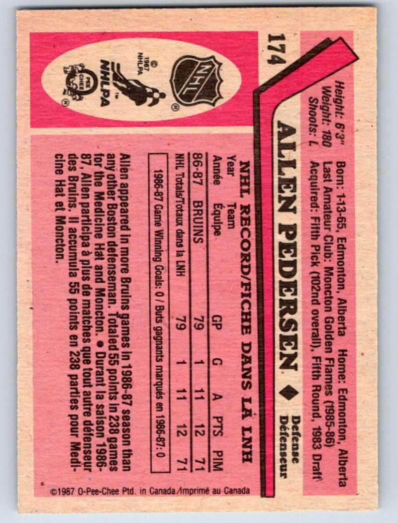 1987-88 O-Pee-Chee #174 Allen Pedersen RC Rookie Bruins Mint