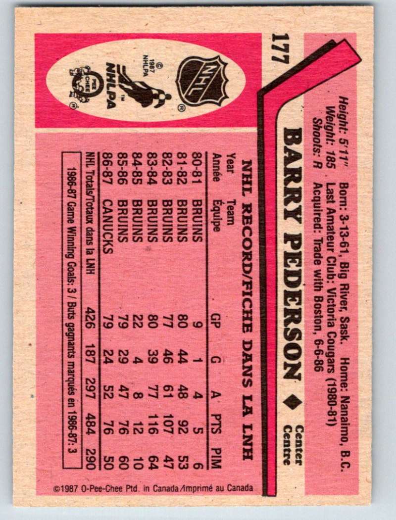 1987-88 O-Pee-Chee #177 Barry Pederson Canucks Mint