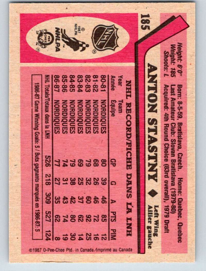 1987-88 O-Pee-Chee #185 Anton Stastny Nordiques Mint Image 2