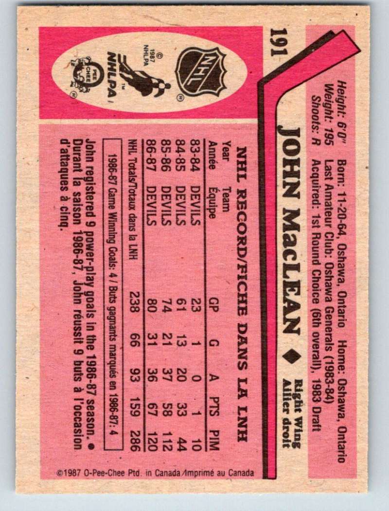 1987-88 O-Pee-Chee #191 John MacLean NJ Devils Mint Image 2