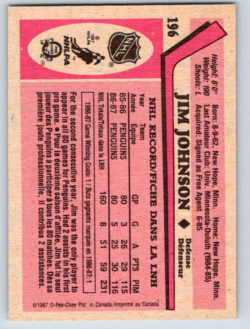 1987-88 O-Pee-Chee #196 Jim Johnson Penguins Mint Image 2