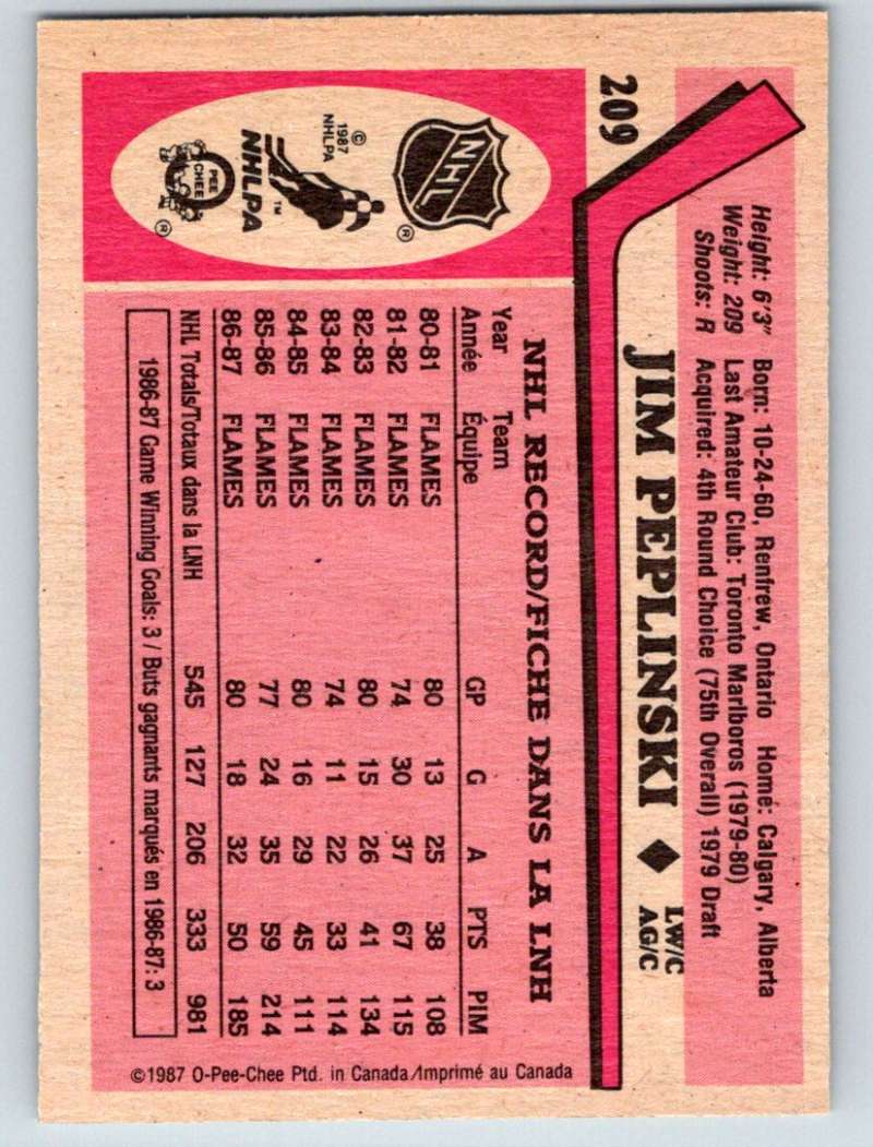 1987-88 O-Pee-Chee #209 Jim Peplinski Flames Mint Image 2