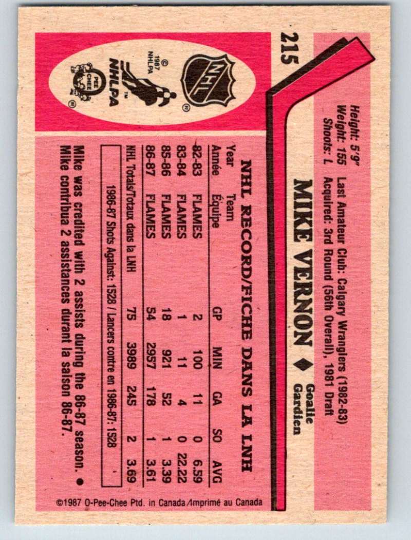 1987-88 O-Pee-Chee #215 Mike Vernon RC Rookie Flames Mint