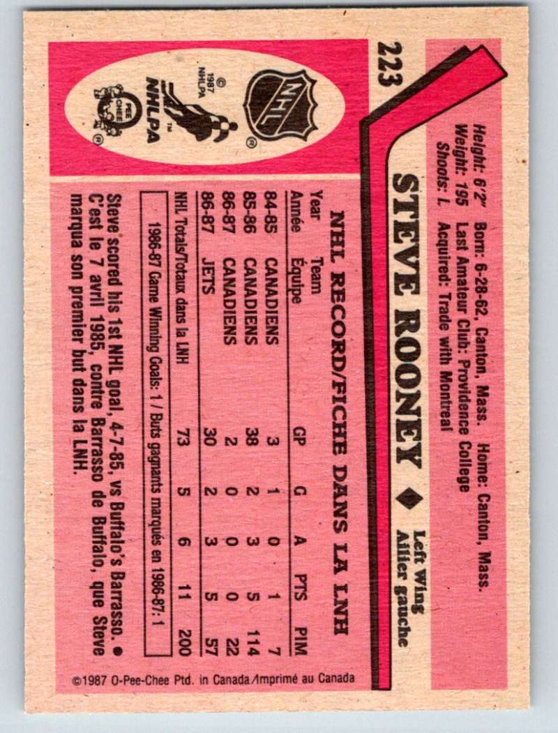 1987-88 O-Pee-Chee #223 Steve Rooney RC Rookie Winn Jets Mint