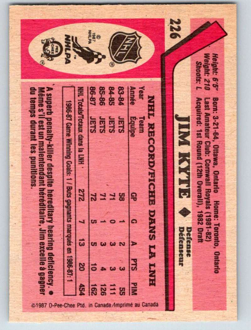 1987-88 O-Pee-Chee #226 Jim Kyte RC Rookie Winn Jets Mint