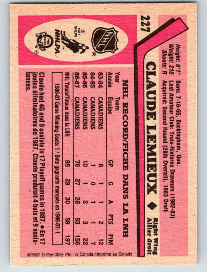 1987-88 O-Pee-Chee #227 Claude Lemieux RC Rookie Canadiens Mint
