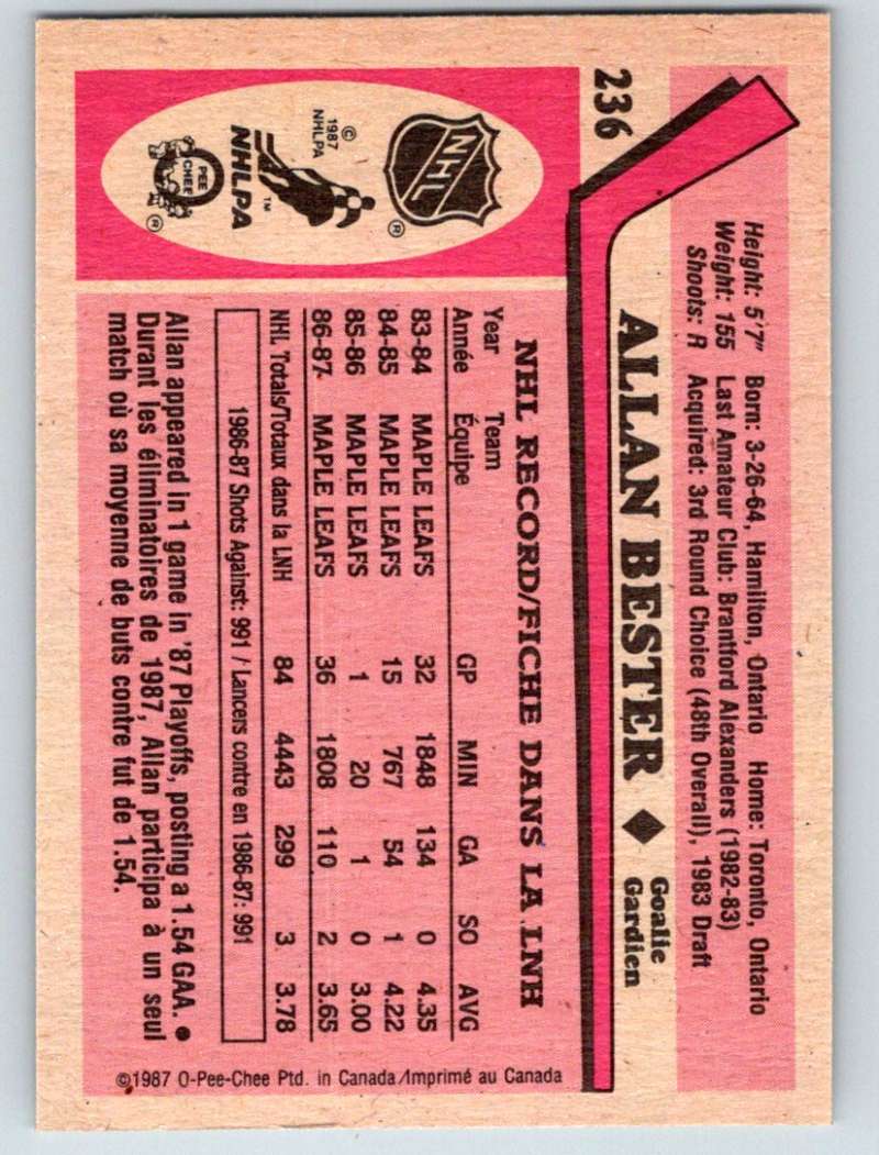 1987-88 O-Pee-Chee #236 Allan Bester Maple Leafs Mint