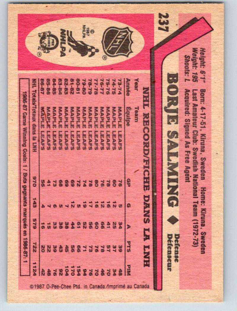 1987-88 O-Pee-Chee #237 Borje Salming Maple Leafs Mint