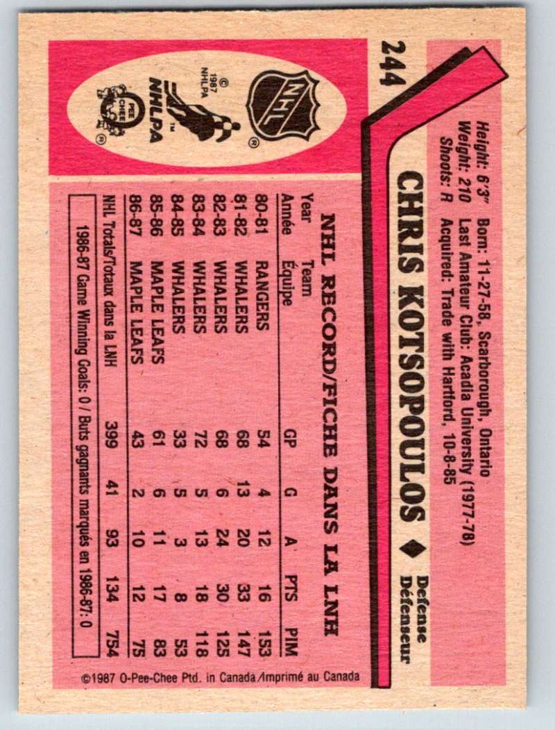 1987-88 O-Pee-Chee #244 Chris Kotsopoulos Maple Leafs Mint