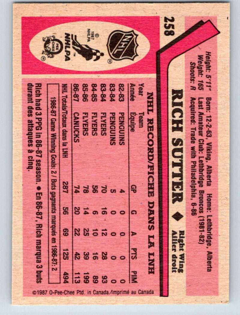1987-88 O-Pee-Chee #258 Rich Sutter Canucks Mint Image 2