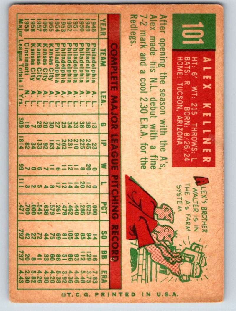 1959 Topps #101 Alex Kellner Cardinals UER 3591 Image 2