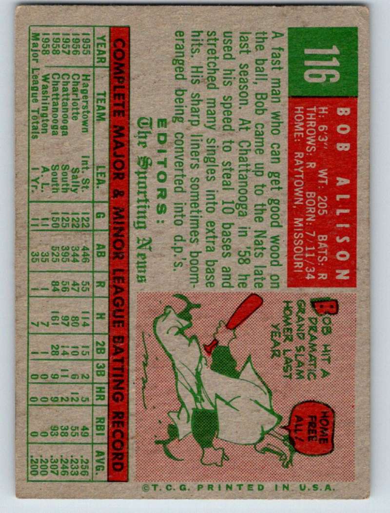 1959 Topps #116 Bob Allison RC Rookie Senators 3593 Image 2