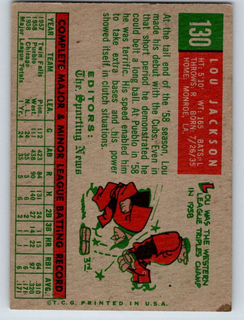 1959 Topps #130 Lou Jackson RC Rookie Cubs 3600 Image 2